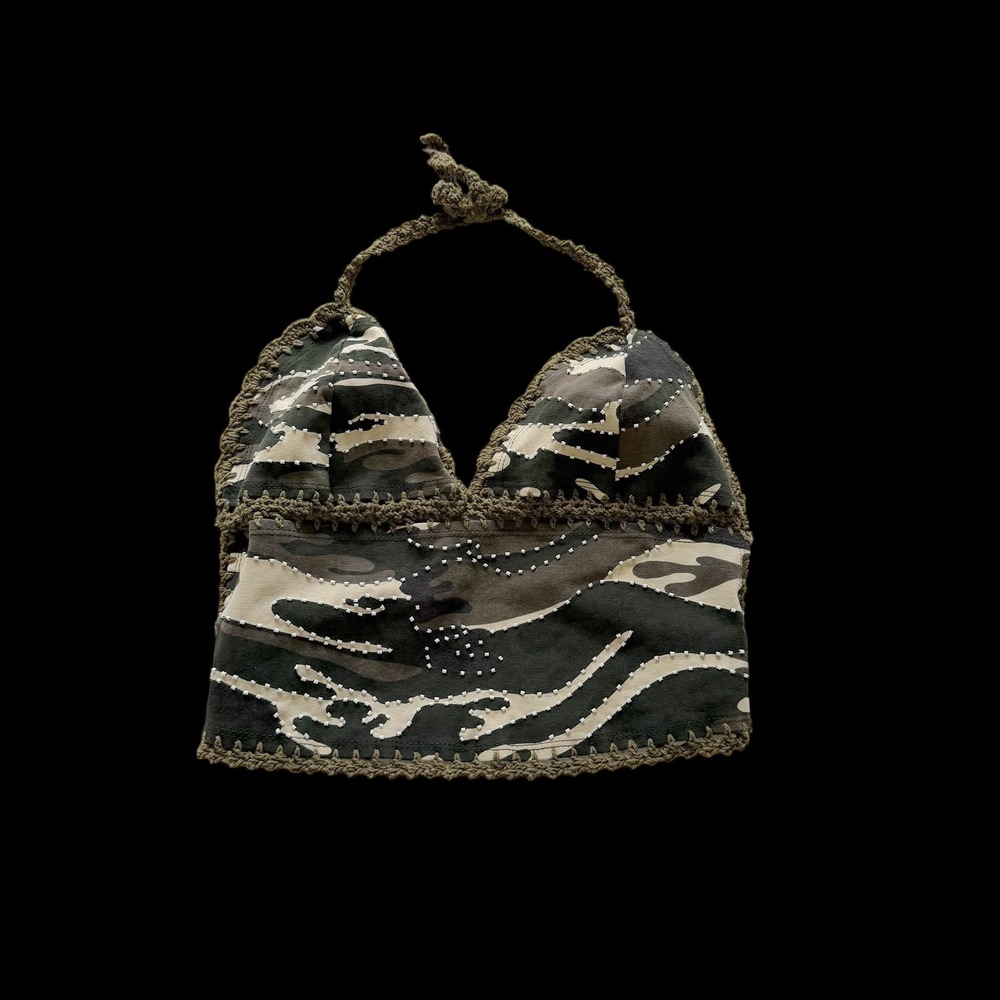 Y2K Handmade Camo Crochet Trim Halter Top Tiger Stripe Festival Bralette Green